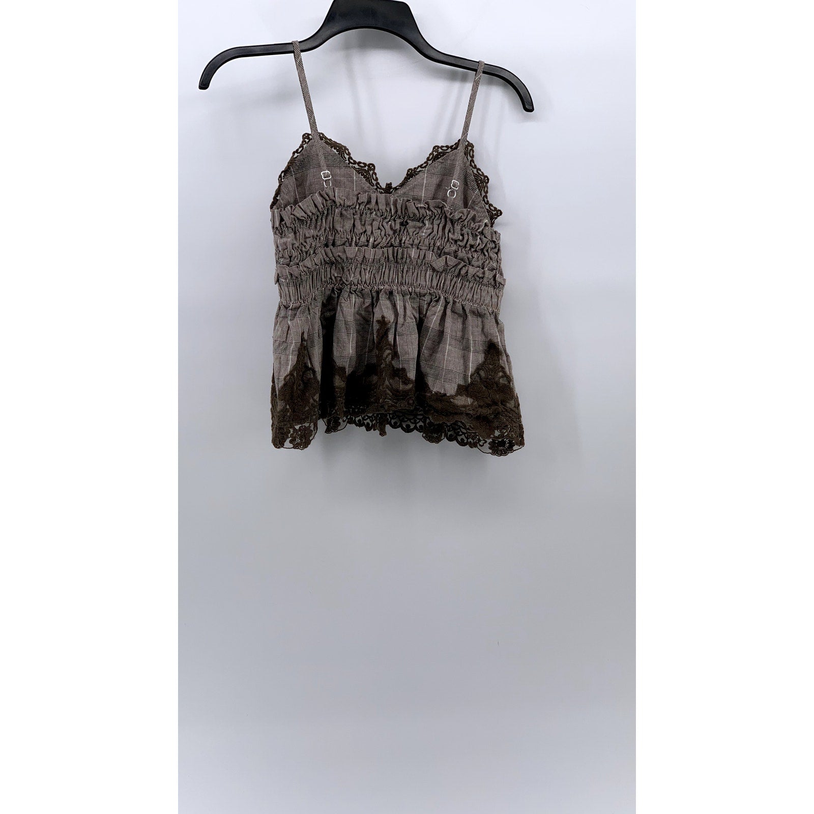 GROOVE Women's Brown Lace-Trim Plaid V-Neck Ruffle Camisole Top SZ S