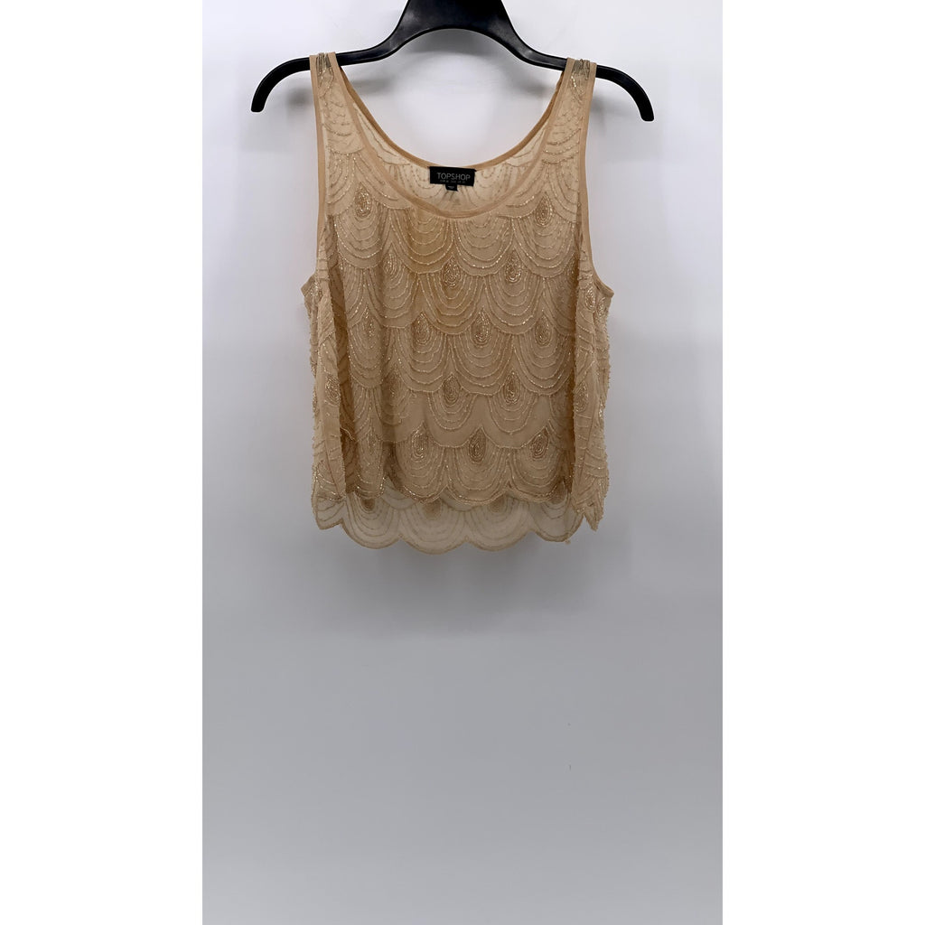 TOPSHOP Women's Beige Beaded Scoop-Neck Sheer Sleeveless Top SZ 6