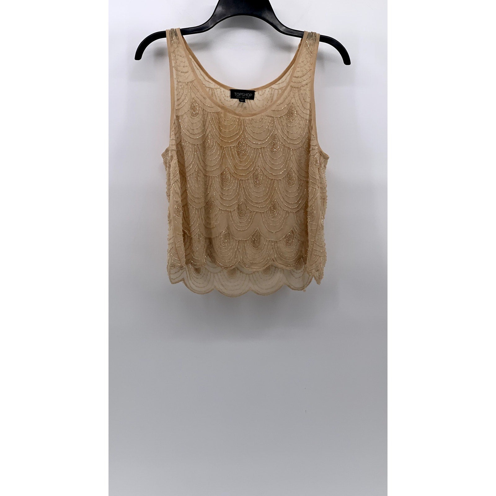 TOPSHOP Women's Beige Beaded Scoop-Neck Sheer Sleeveless Top SZ 6