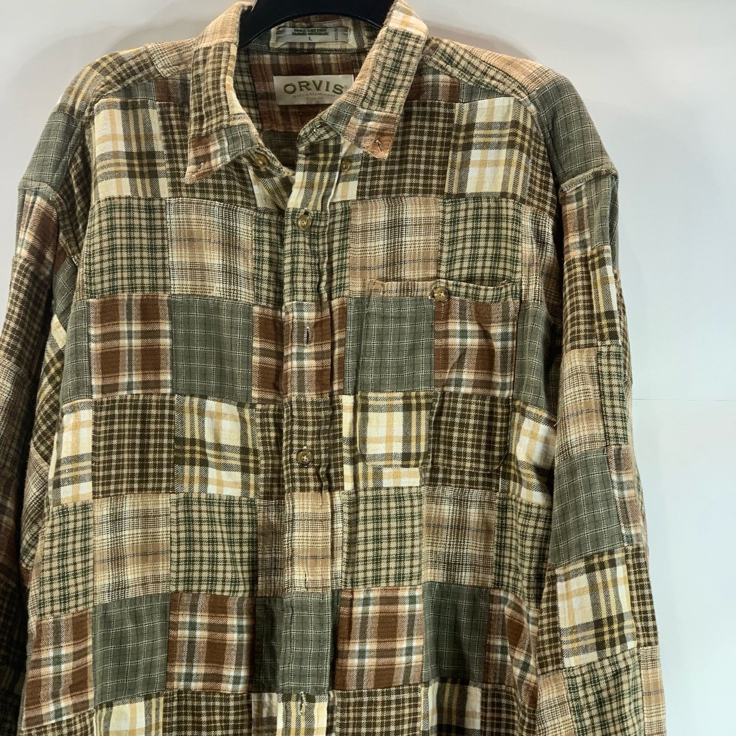 ORVIS Men's Green Cotton Patchwork Button-Up Long Sleeve Shirt SZ L