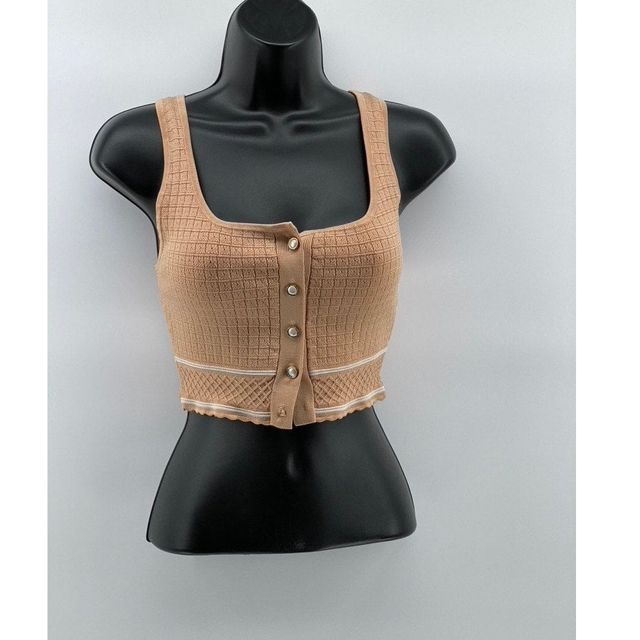 BABATON Women's Tan Sculpt Knit Button-Front Straight-Neck Cropped Tank Top SZ M