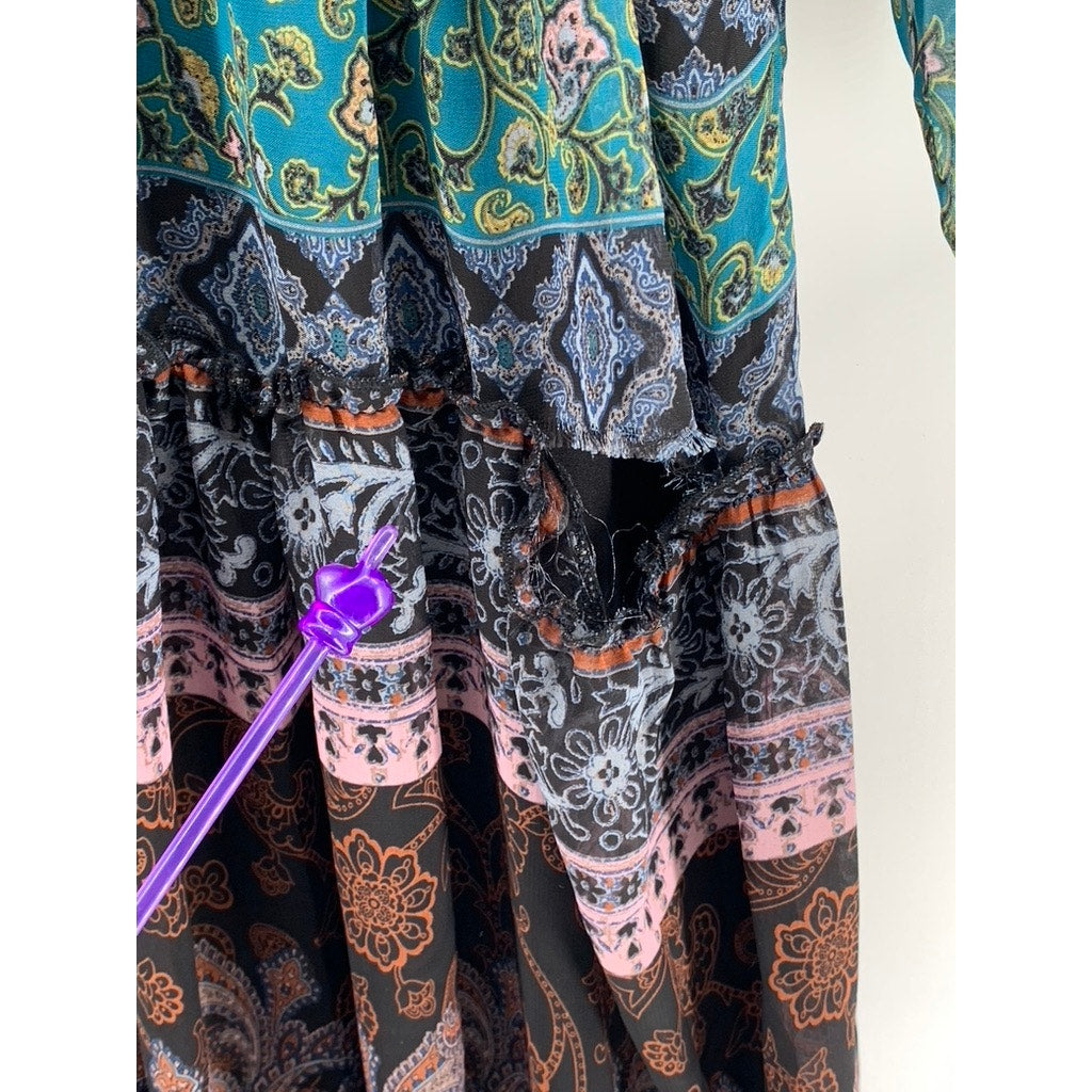 FIGUEROA & FLOWER Women's Black-Multi Print Long Sleeve Tiered Maxi Dress SZ XL