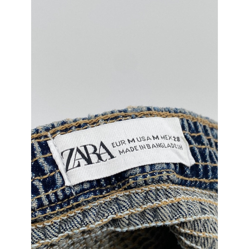 ZARA Women's Light Blue Denim Raw-Hem Button-UP Strapless Corset Top SZ M