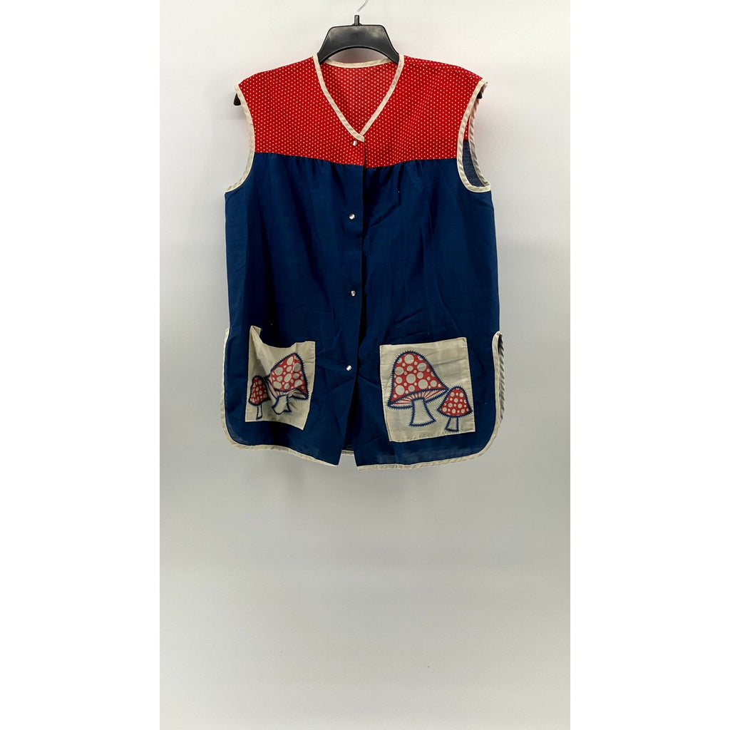 UNBRANDED Women's Vintage Blue-Red Mushroom Button-Up V-Neck Apron SZ OS