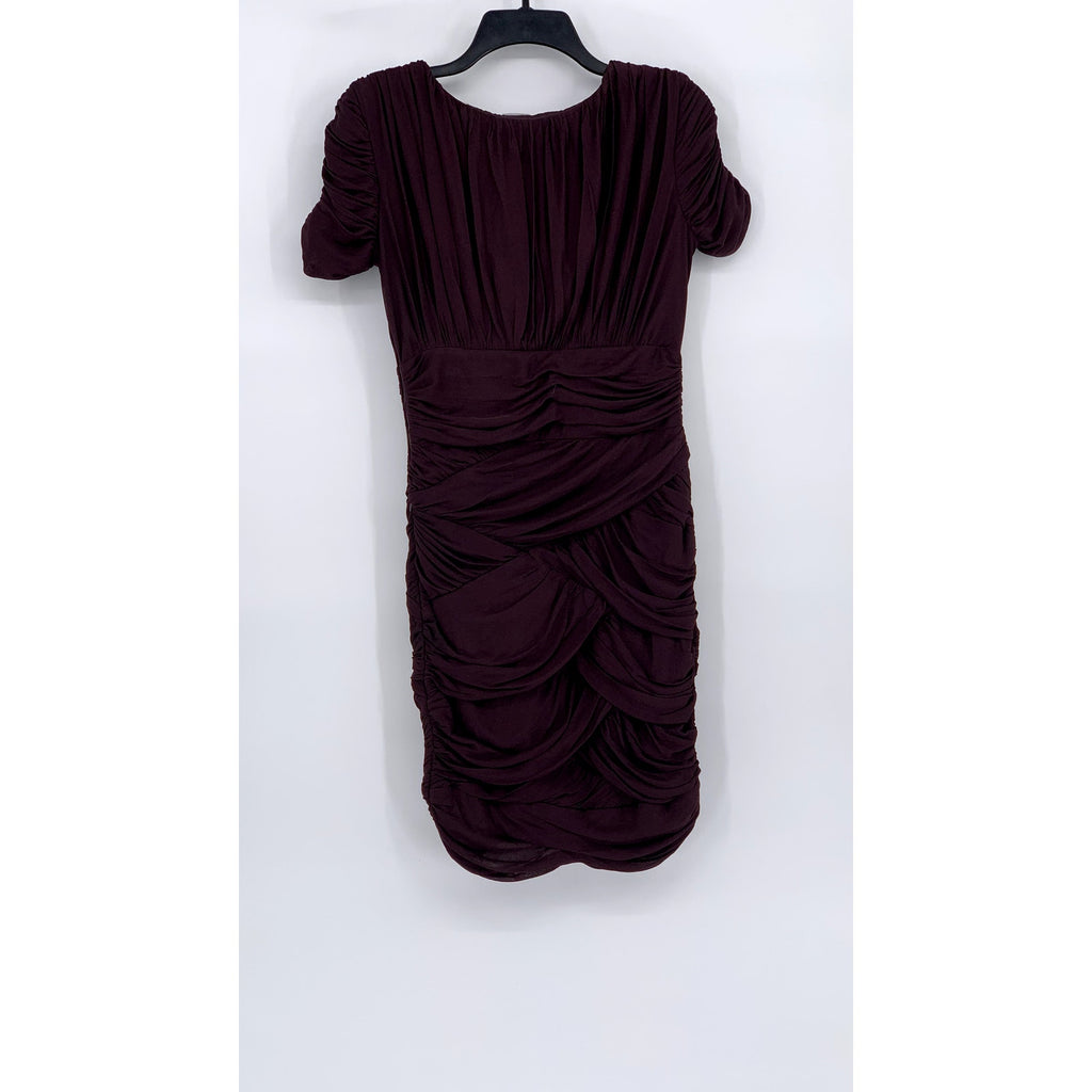 HALSTON HERITAGE Women's Wine Short Sleeve V-Neck Ruched Mini Dress SZ M