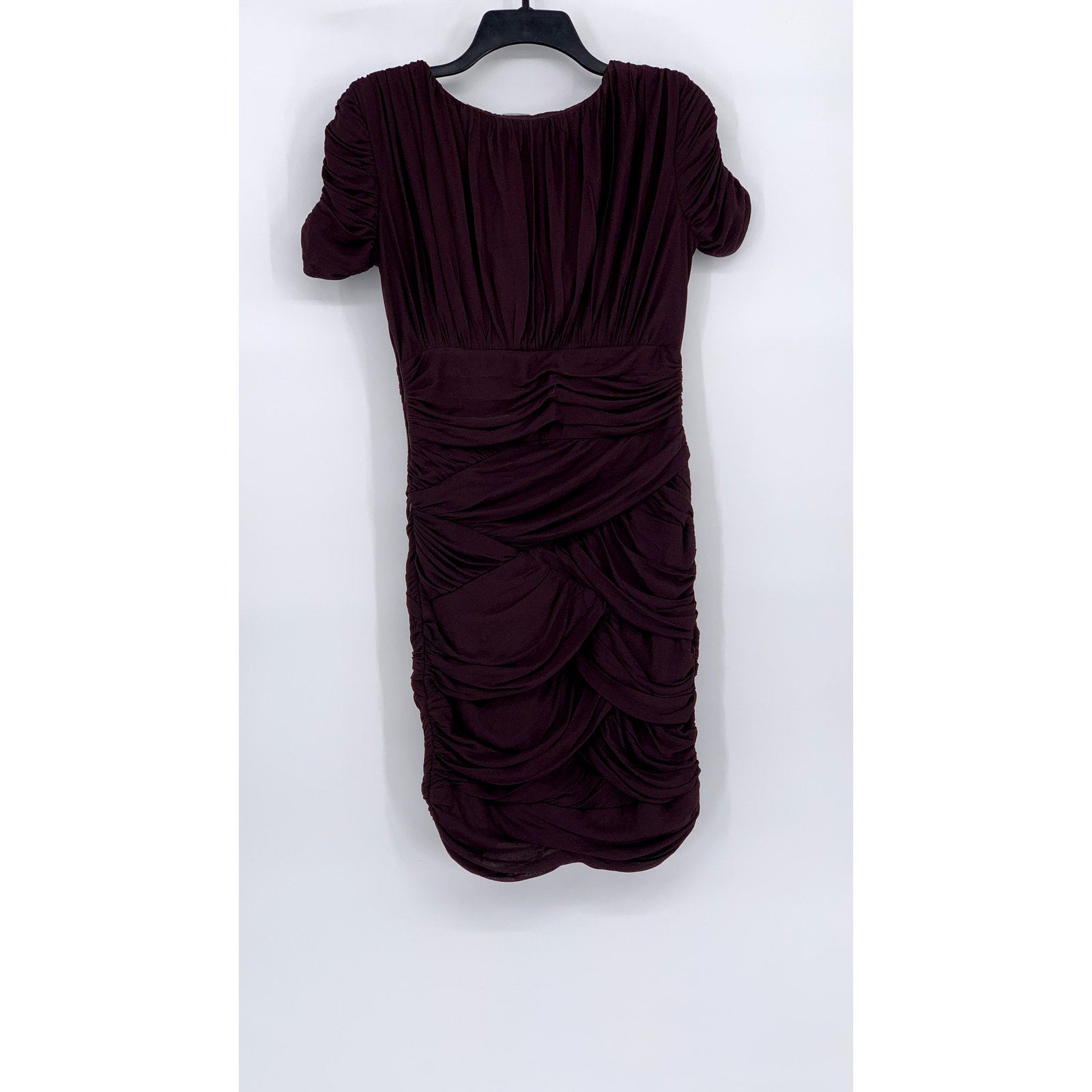 HALSTON HERITAGE Women's Wine Short Sleeve V-Neck Ruched Mini Dress SZ M