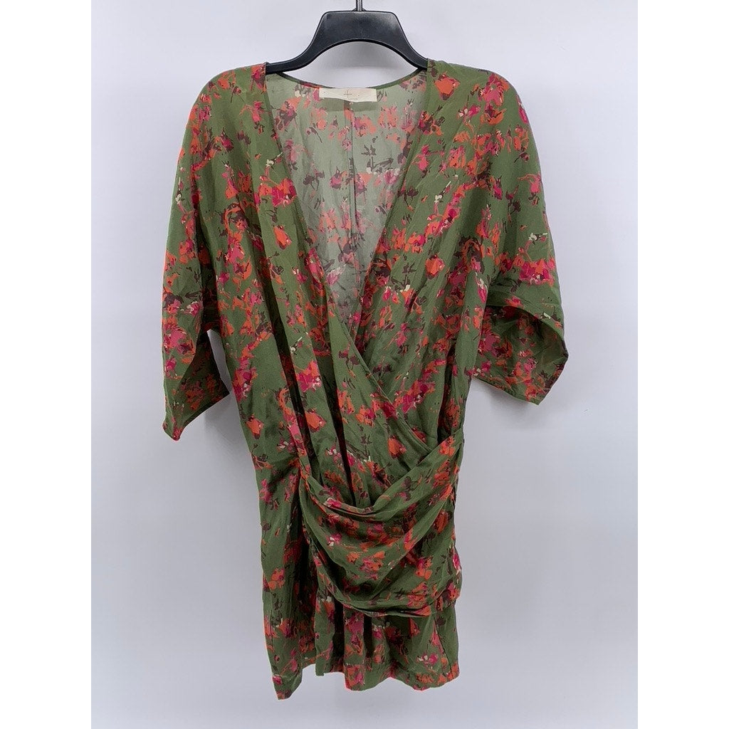 THAKOON ADITION Women's Army Green-Orange Floral 3/4 Sleeve Mini Dress SZ 2