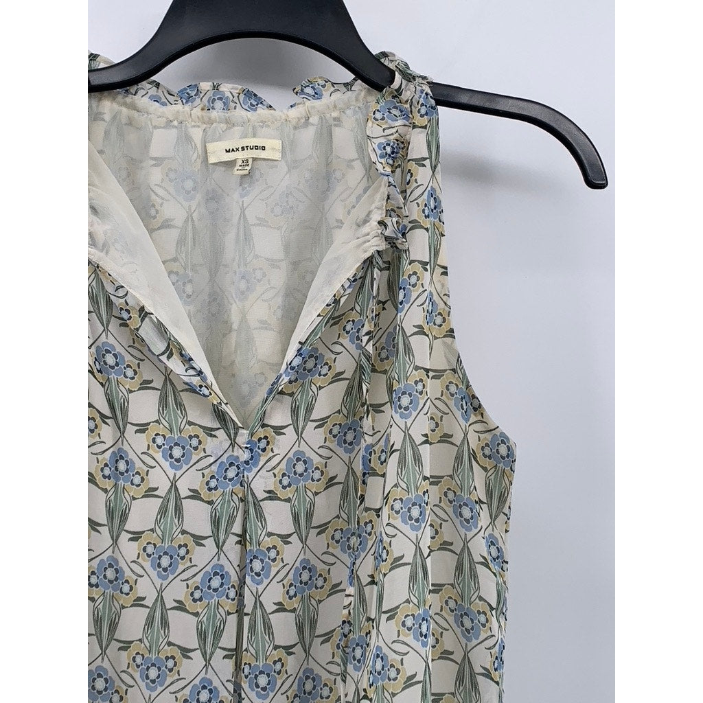 MAX STUDIO Women's White-Blue Floral Ruffle Split-Neck Sleeveless Top SZ XS