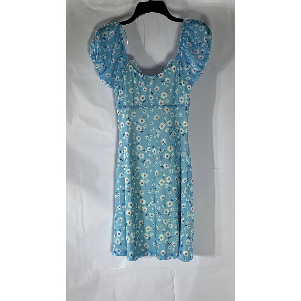 BERSHKA Women’s Light Blue Milkmaid Floral Puff Short Sleeve Mini Dress SZ M