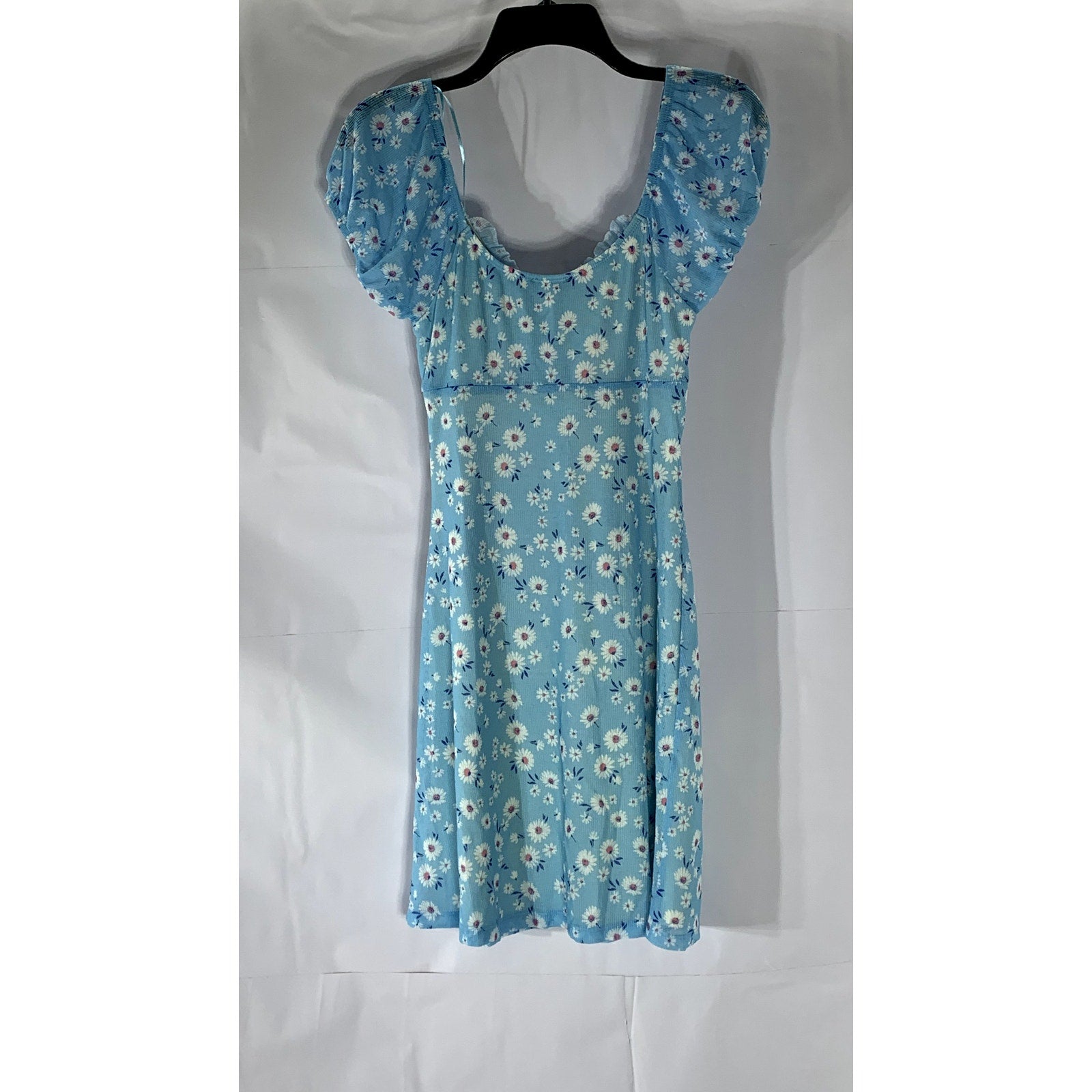 BERSHKA Women’s Light Blue Milkmaid Floral Puff Short Sleeve Mini Dress SZ M