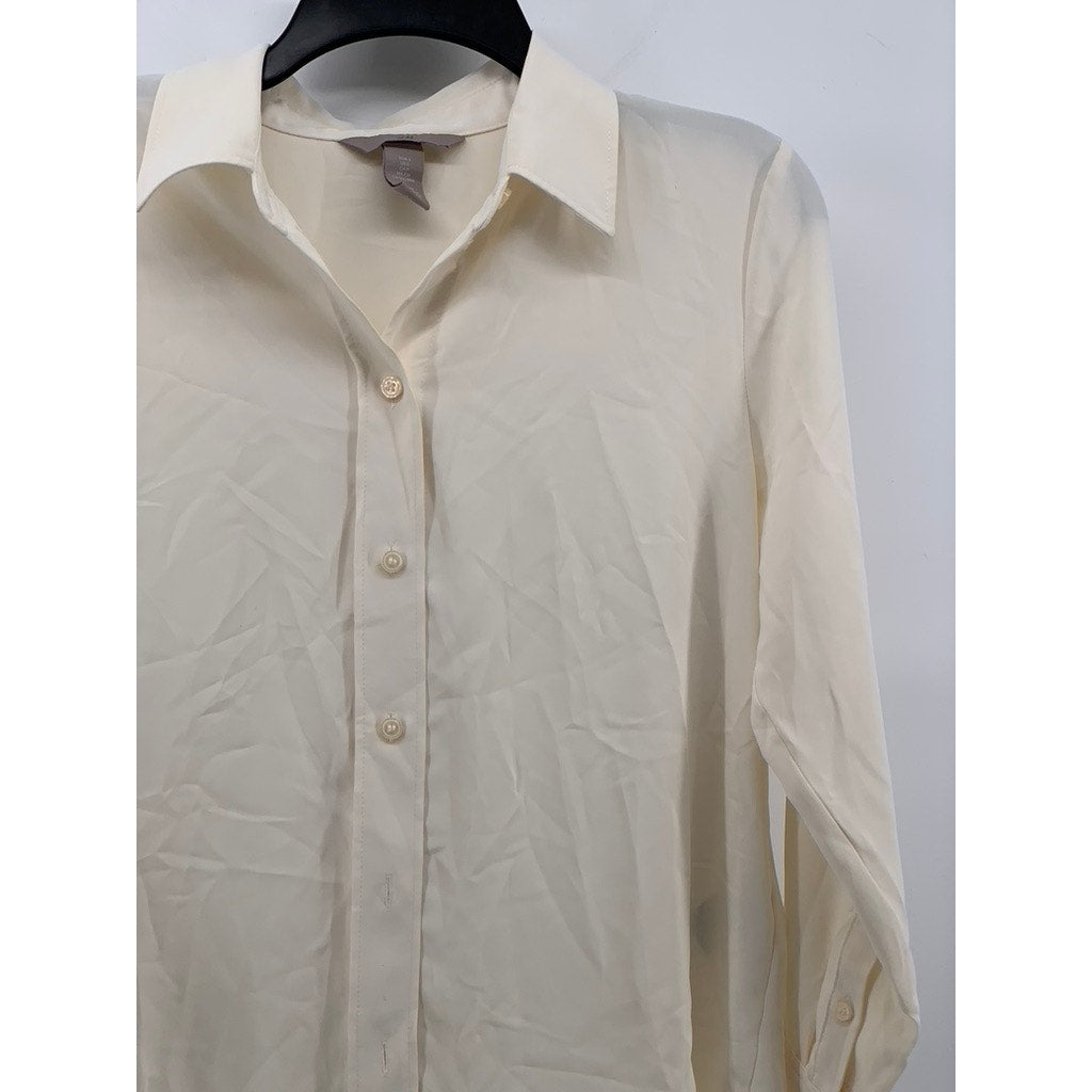 H&M Women's Beige Button-Up Regular Fit Long Sleeve Semi Sheer Top SZ S