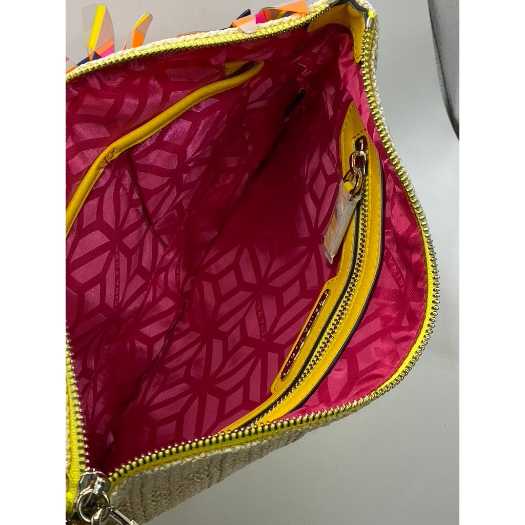 TRINA TURK Women's Beige-Pink Beaded Flower Woven Wristlet Clutch