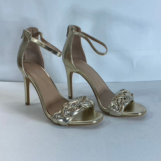 BCBGENERATION Women's Gold Metallic Isabel Braided Chain Heeled Sandals SZ 8