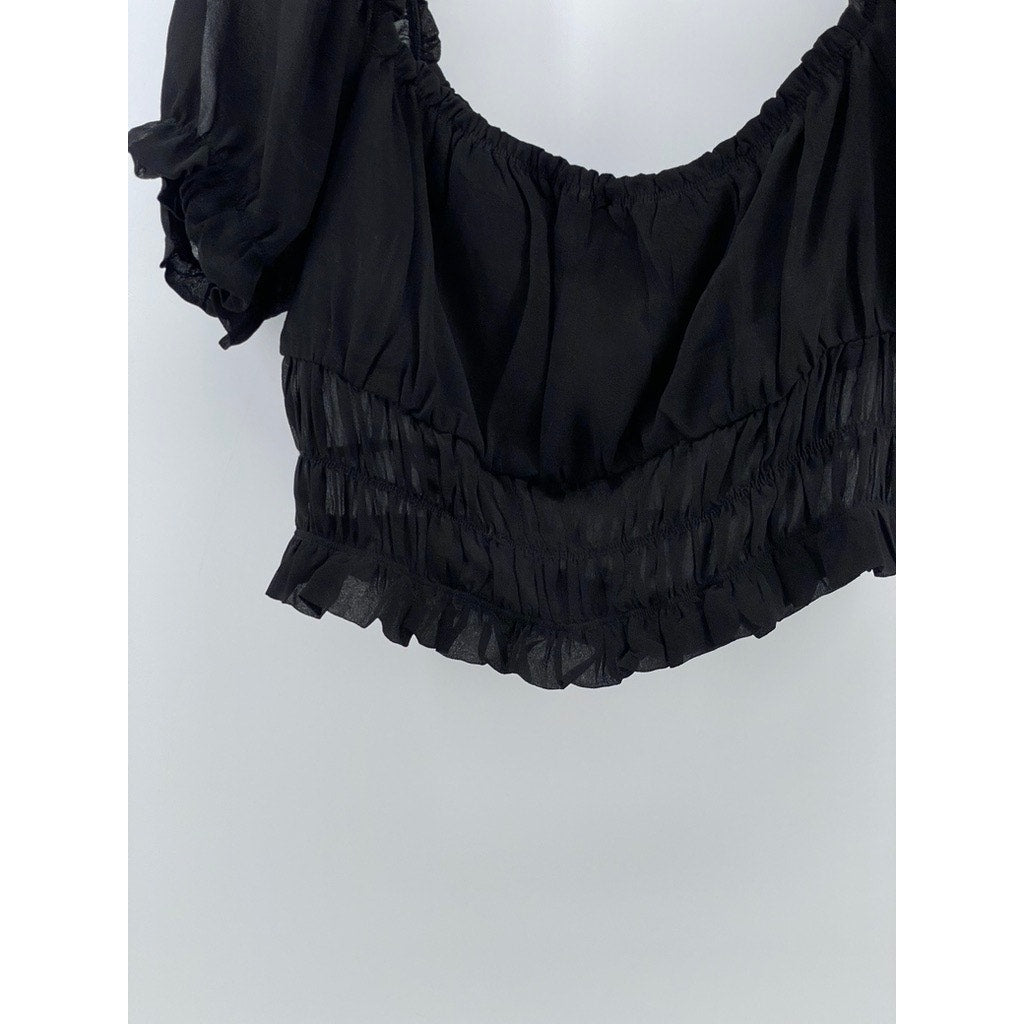 FOREVER 21 Women's Black Mesh Scoop-Neck Short Puff Sleeve Tiered Mesh Top SZ L