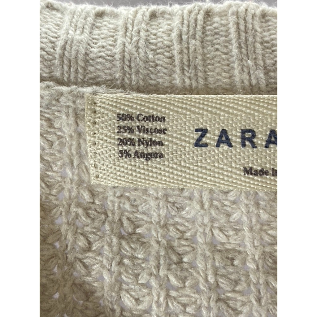 ZARA KNIT Women's Beige Crewneck Knit Dropped-Sleeves Sweater SZ M