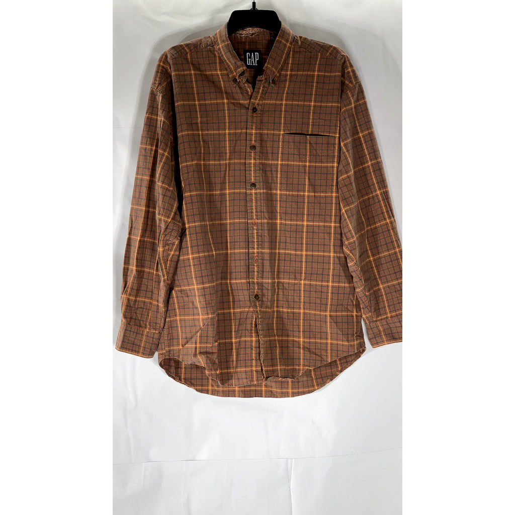 GAP Men’s 90’s Vintage Brown Check Regular-Fit Button-Up Long Sleeve Shirt SZ L