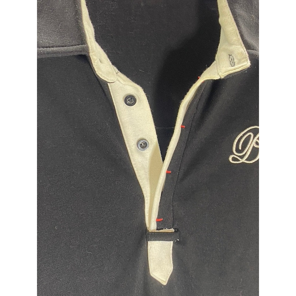 W[DABLJU:] Men's Black-Beige Embroidered 'B' Long Sleeve Polo Shirt SZ M