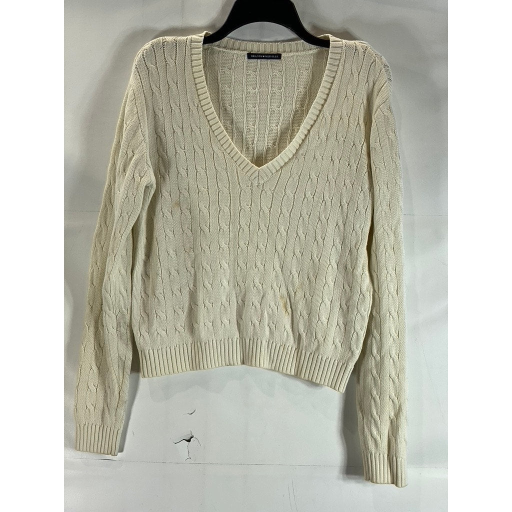 BRANDY MELVILLE Women's Beige V-Neck Cotton-Blend Cable Knit Sweater SZ OS