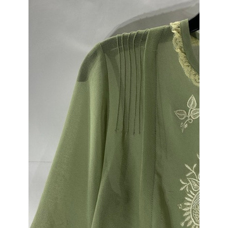 STARING AT STARS Women's Green Embroidered Lace-Trim Sheer Keyhole Top SZ XS