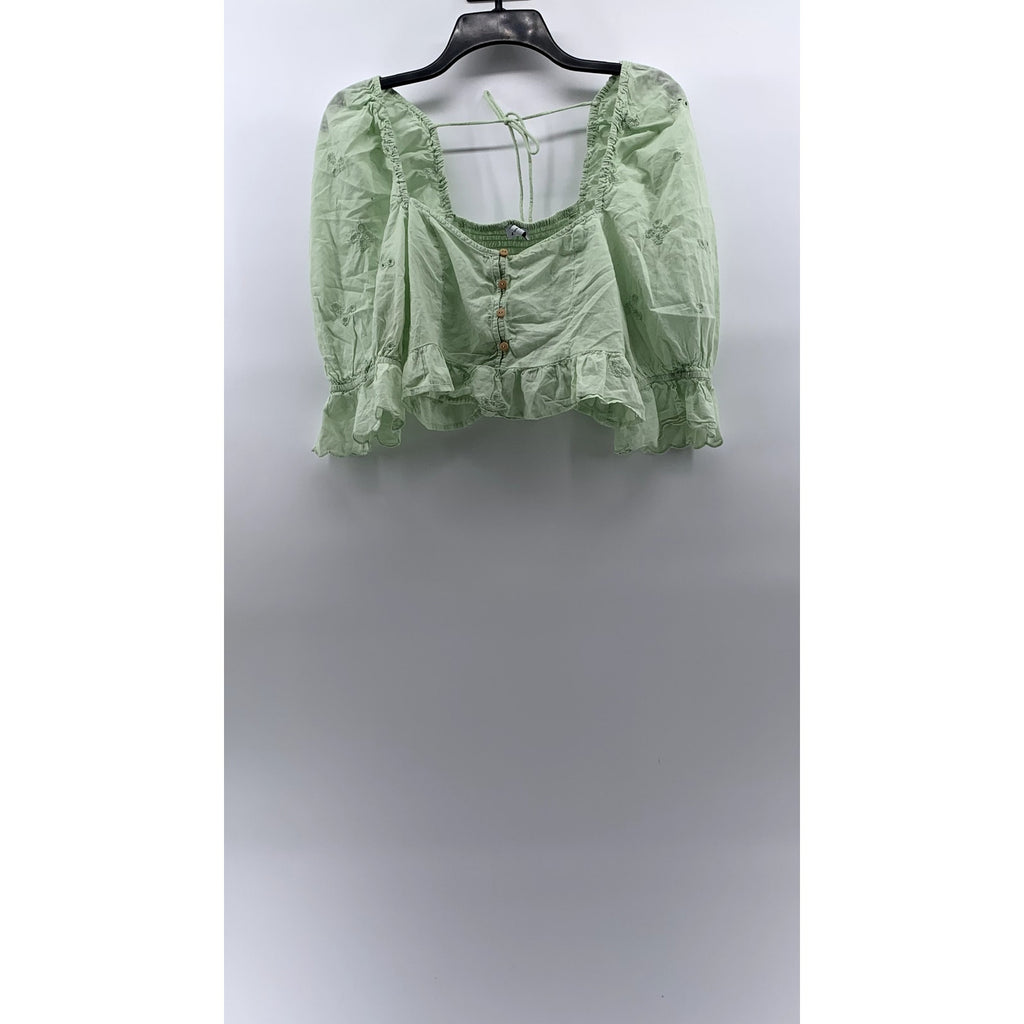 ZARA Women’s Mint Green Embroidered Eyelet Puff-Sleeve Crop Top SZ M