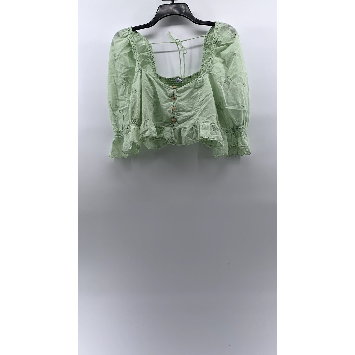 ZARA Women’s Mint Green Embroidered Eyelet Puff-Sleeve Crop Top SZ M