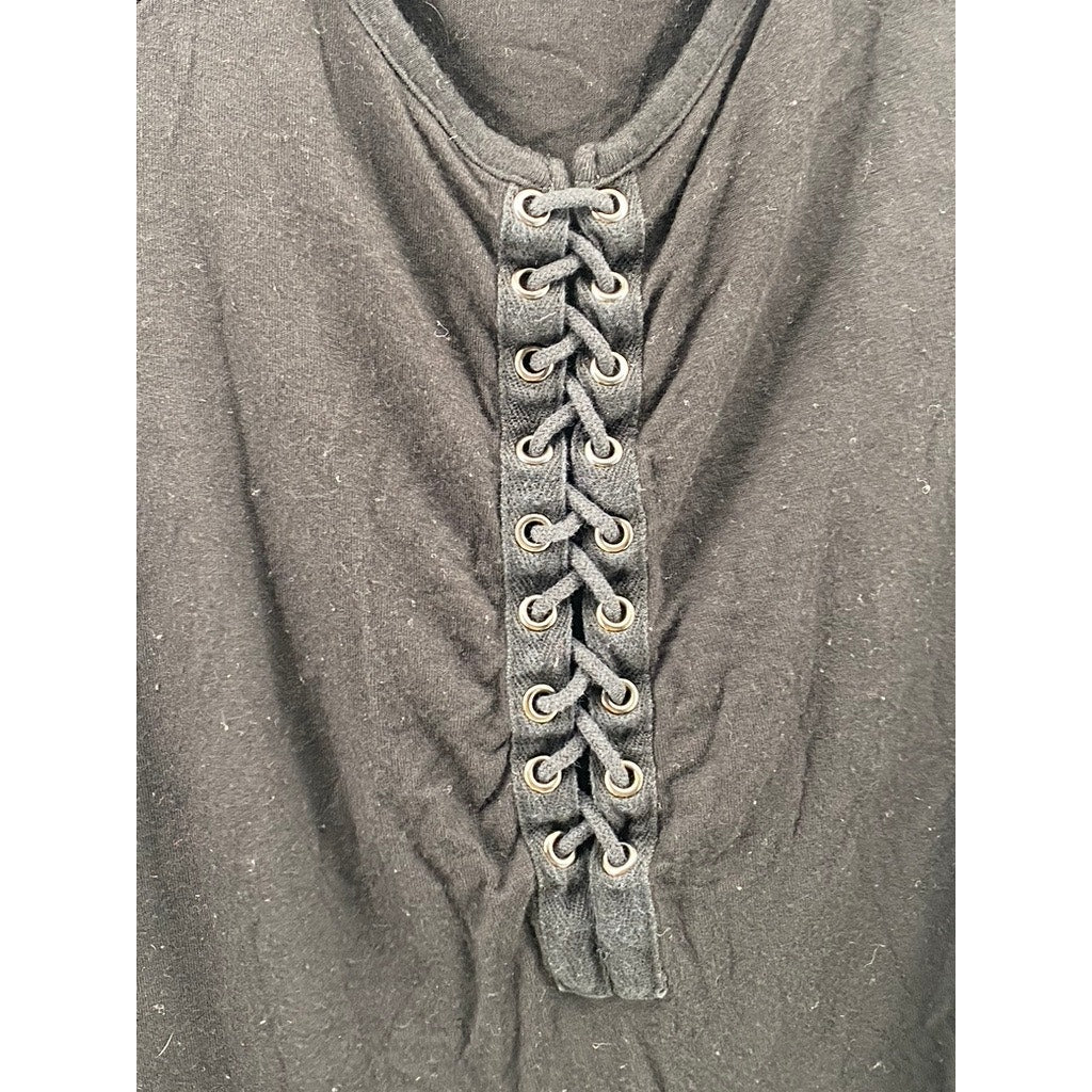 DEX Women’s Black Lace-Up Crewneck Short Sleeve Top SZ S