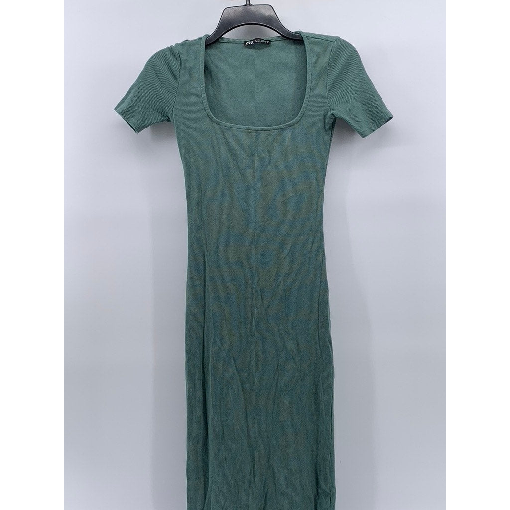 ZARA Women's Dark Green Straight-Neck Short Sleeve Midi Bodycon Dress SZ S