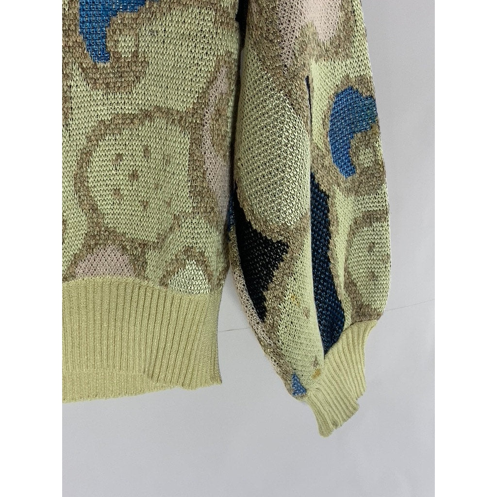 J.T Martin Women's Vintage Tan/Black/Blue Printed Crewneck Knit Sweater SZ 14