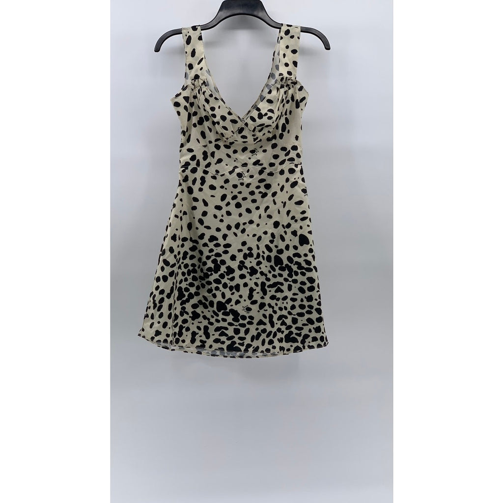 ZANER STUDIO Women's Beige-Black Printed V-Neck Ruffle A-Line Mini Dress SZ S
