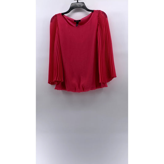 ALFANI Women's Pink Scoop-Neck Pleated Sheer Long Sleeve Bubble-Hem Top SZ 8
