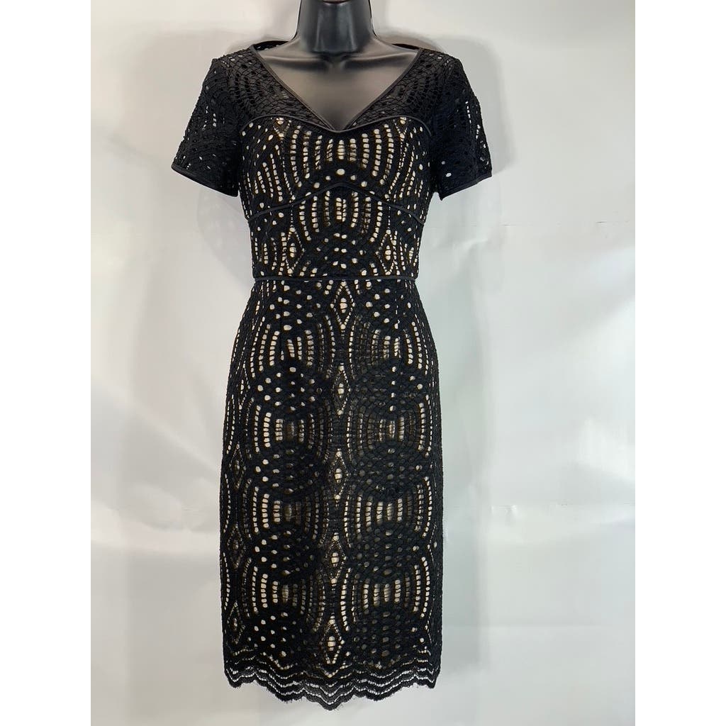 NUE by SHANI Women's Black Lace Nude Lined V Neck Dress SZ 4
