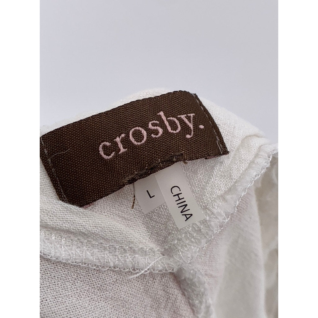 CROSBY Women's White-Tan Linen-Blend Pull-On Striped Cuff Wide-Leg Pant SZ L