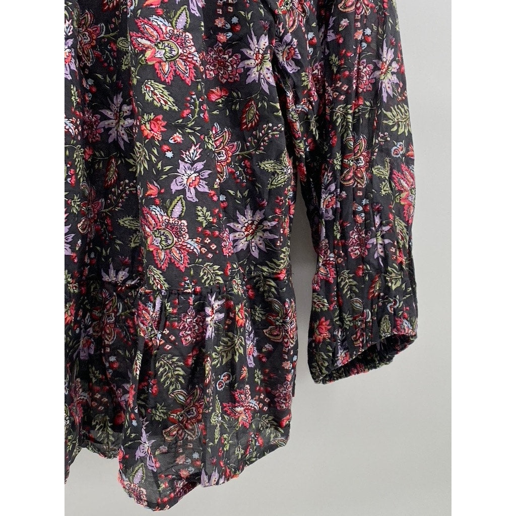 LOFT Women's Black Floral Print Ruffle-Hem Tie-Neck Long Sleeve Top SZ M