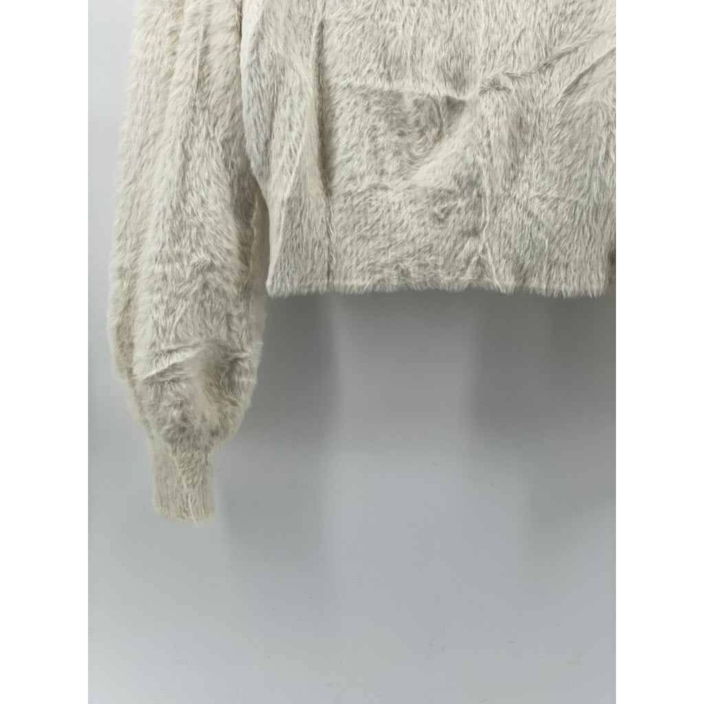 SUNDAY BEST Women's Cream Crewneck Riley Kitten Fuzzy Long Sleeve Sweater SZ S