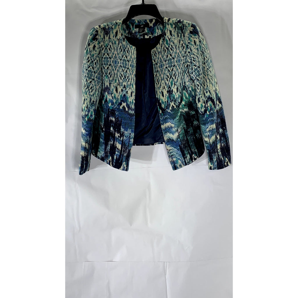 H&M Women's Blue Textured Cotton-Linen Open-Front Collarless Blazer SZ 4