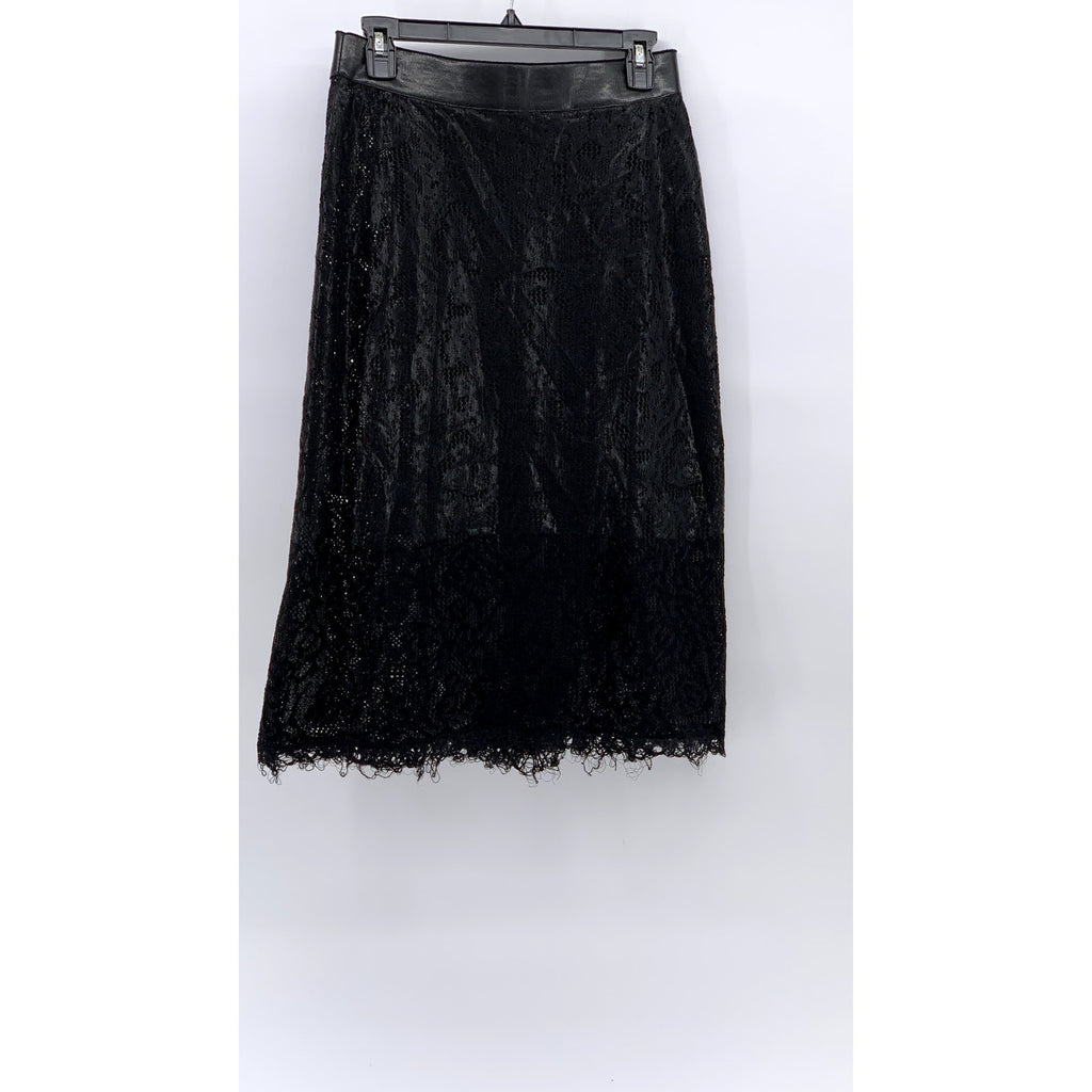 SHANGXIA Women's Black Wool-Blend Lace Side-Button A-Line Midi Skirt SZ L
