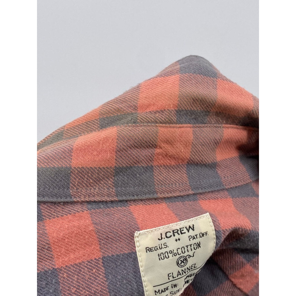 J.CREW Men's Peach-Gray Plaid Button-Up Long Sleeve Flannel Shirt SZ M