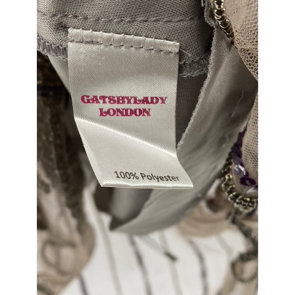 GATSBYLADY LONDON Women's Gray-Purple Beaded V-Neck Short Sleeve Dress SZ 6