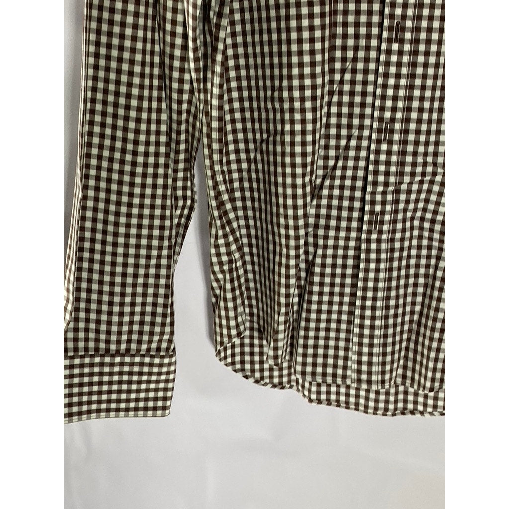 ZARA Men's Brown-White Gingham Print Slim-Fit Button-Up Long Sleeve Shirt SZ M