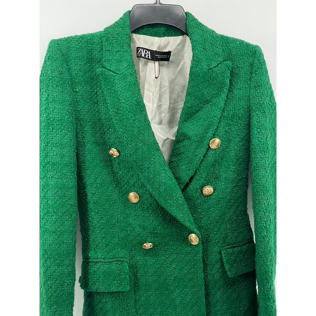 ZARA Women’s Dark Green Tweed Double-Breast Long Sleeve Peak Collar Blazer SZ XS