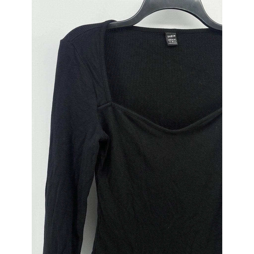 SHEIN Women's Black Ribbed Straight-Neck Long Sleeve Bodysuit SZ 6