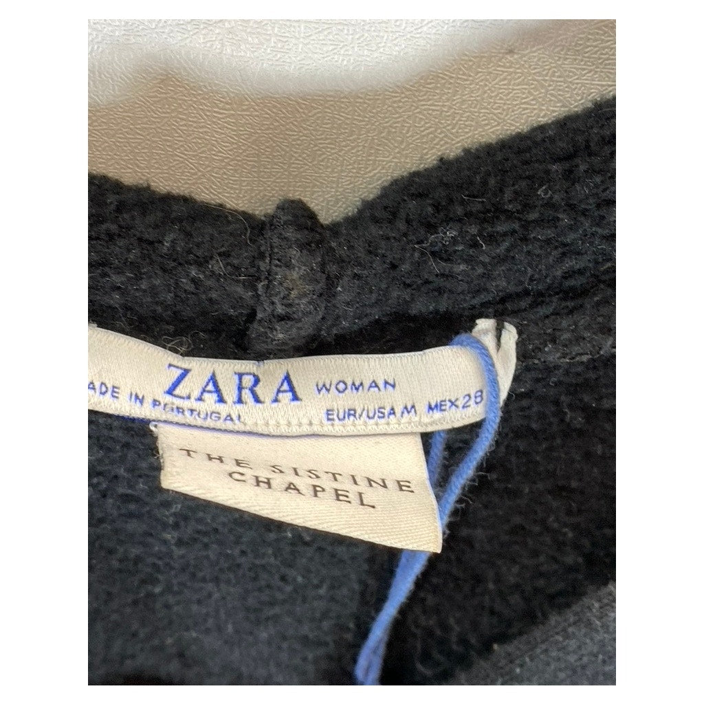 ZARA Women's Black Sistine Chapel Graphic Pullover Cropped Hoodie SZ M