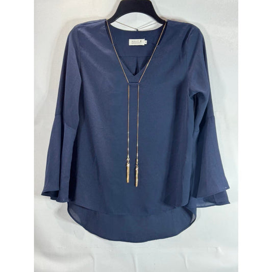 MOLLY BRAKEN Women's Navy/Gold Hardware V-Neck 3/4 Bell Sleeve High-Low Top SZ M