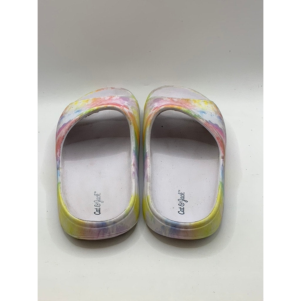 CAT & JACK Girls' White-Multi Tie Dye Slides SZ 2