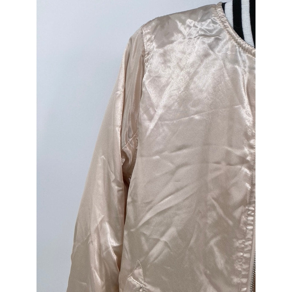 NEW LOOK Women's Beige Satin-Like Zip-Up Bomber Jacket SZ M
