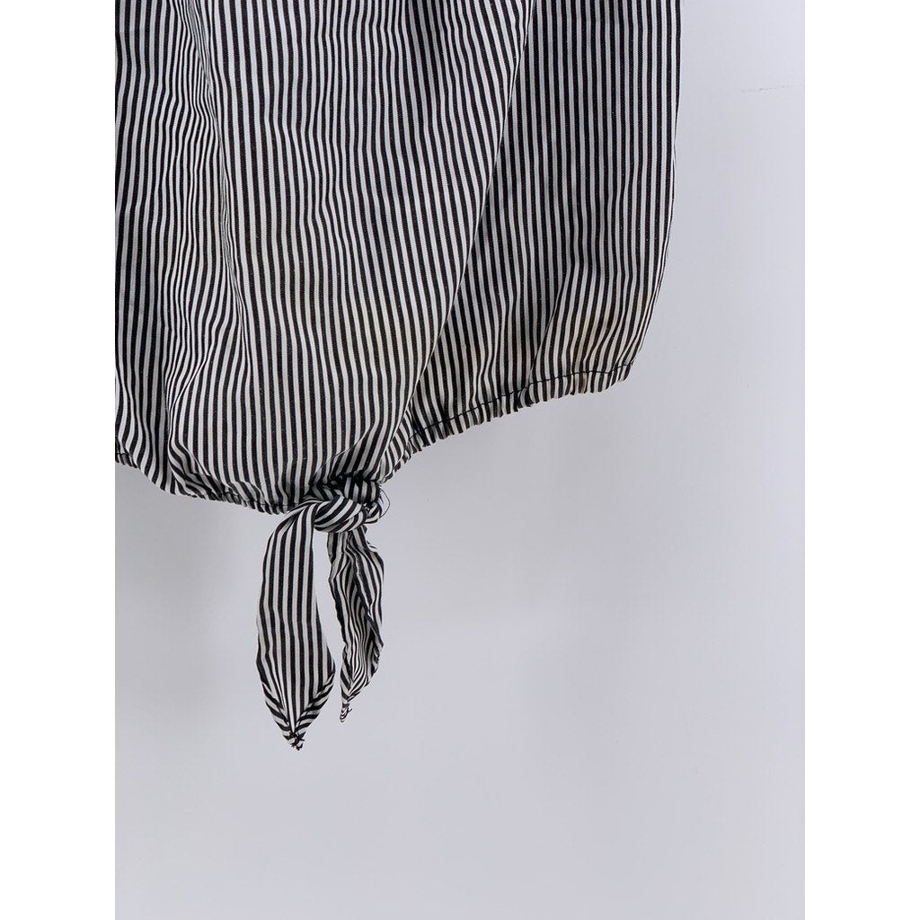 LILY WHITE Women's Black-White Striped Off-The-Shoulder Tie Hem Ruffle Top SZ M