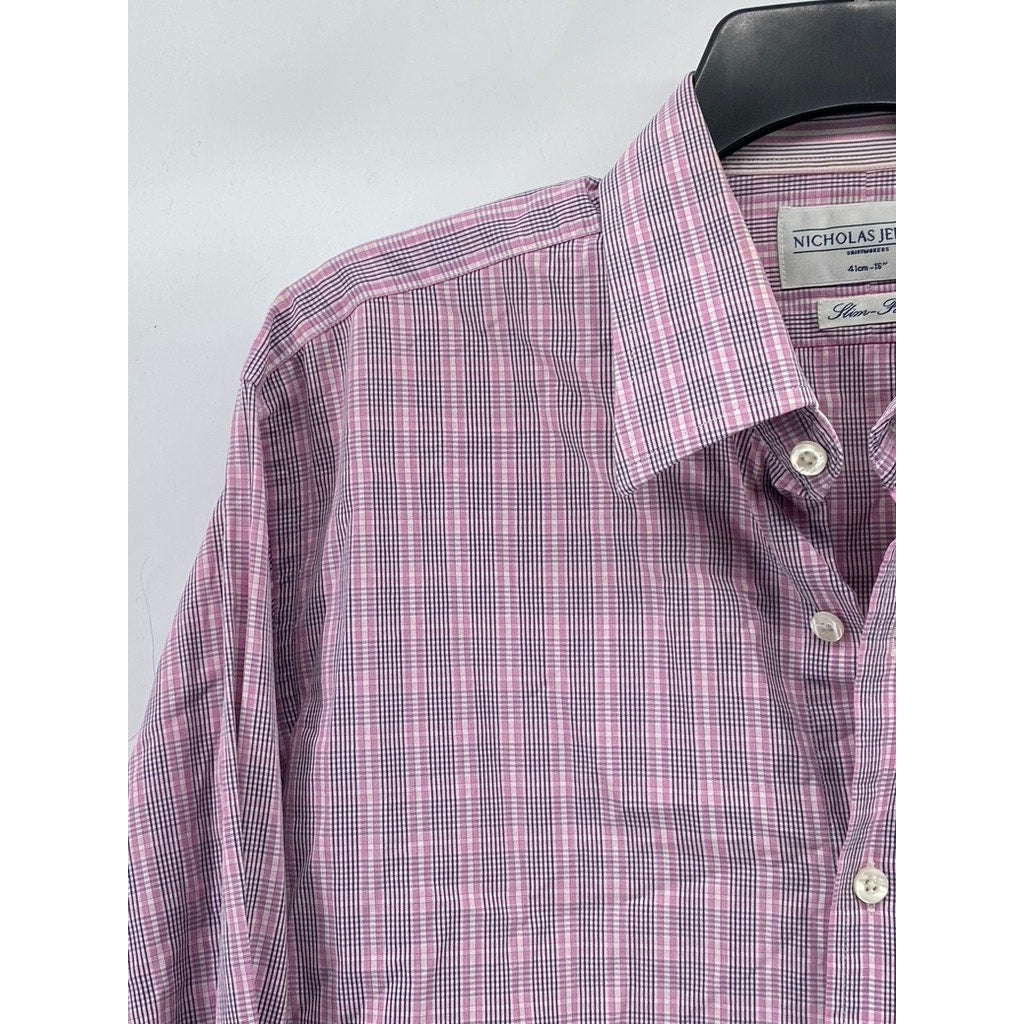 NICHOLAS JERMYN Men’s Pink Micro Plaid Slim-Fit Button-Up Long Sleeve Shirt SZ16