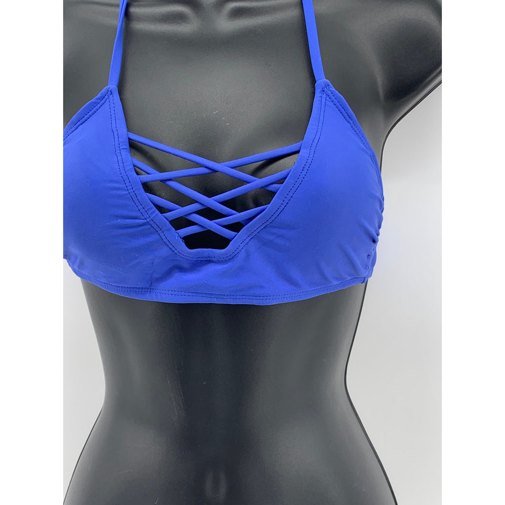 XHILARATION Women's Royal Blue Cutout V-Neck Halter Swim Top SZ S