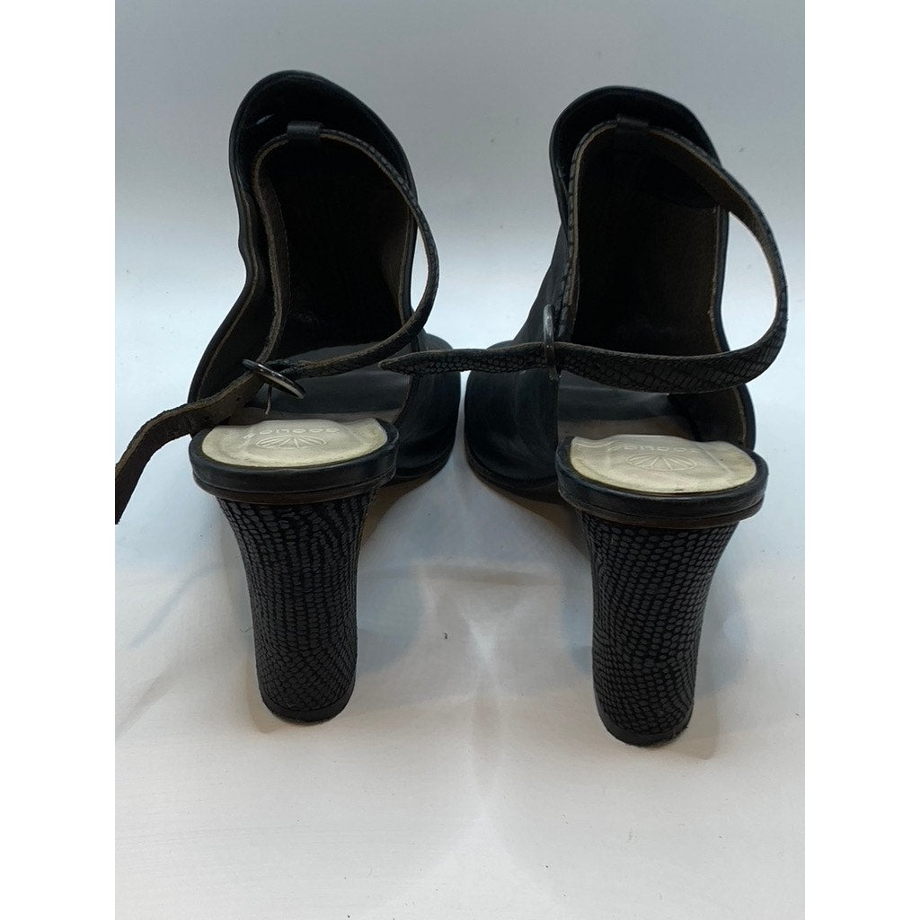 COCLICO Women's Black Leather Square Peep-Toe Heeled Sandals SZ 38.5(US8.5)