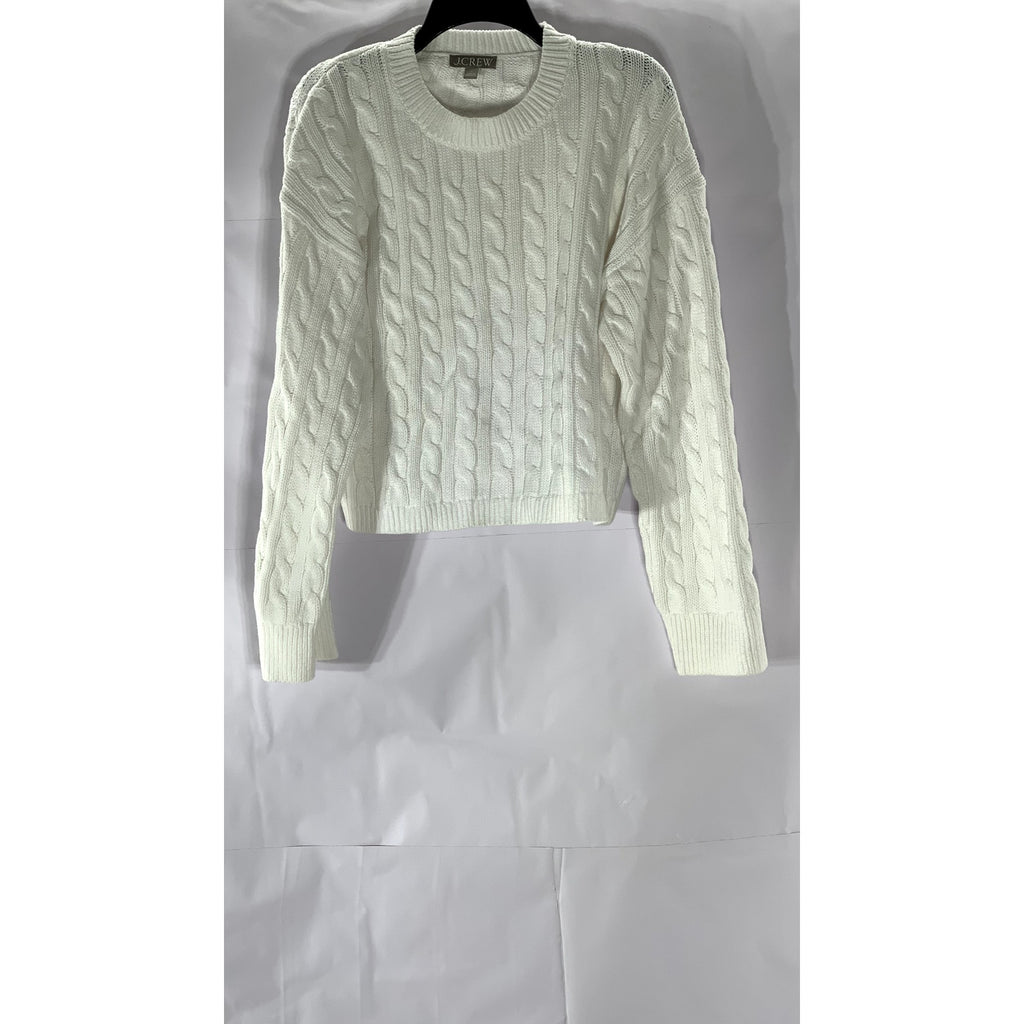 J.CREW Women's White Cable-Knit Crewneck Long Sleeve Cropped Sweater SZ M